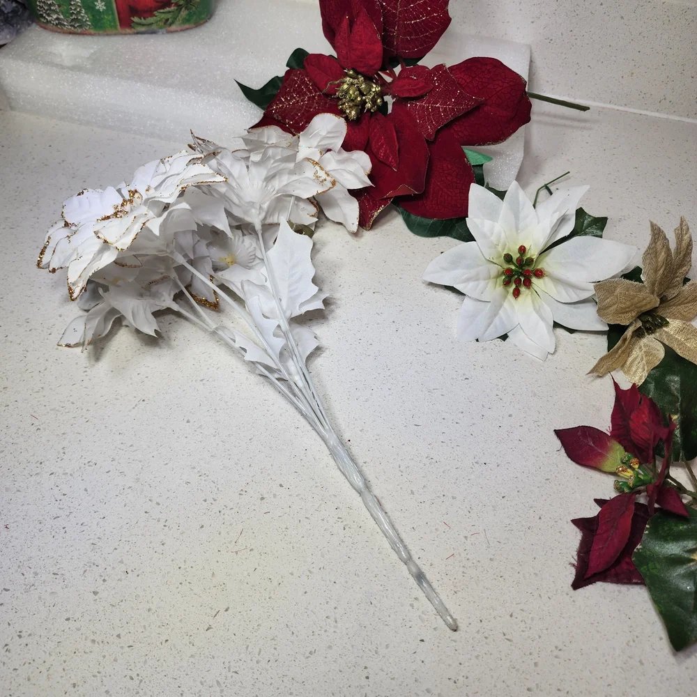 Vintage Lot Of 5 Red, White, and Gold Poinsettia Arrangement With Stems